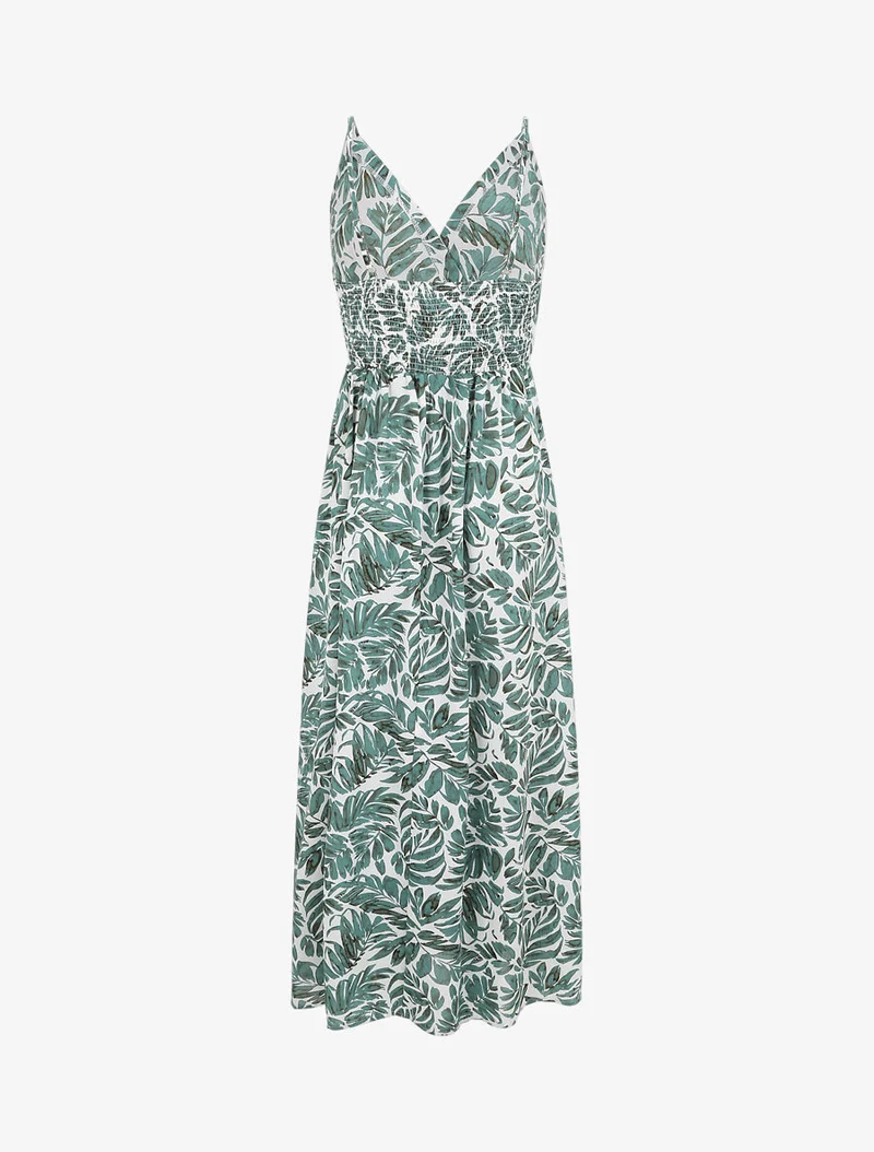 Empire-Langes Kleid mit Blätterdruck und Trägern - Grün