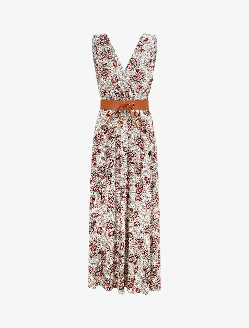 Ärmelloses Empire-Maxikleid mit Paisley-Print - Beige