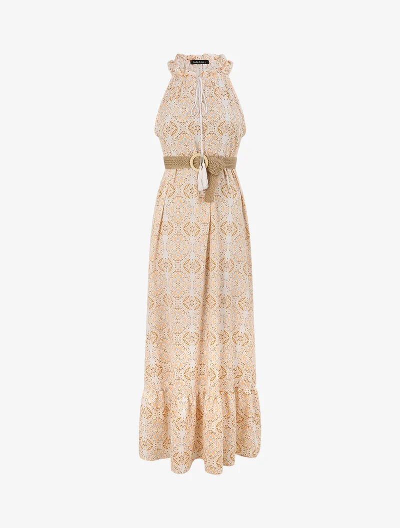 Langes ausgestelltes Kleid mit blumigem Fayence-Druck - Orange