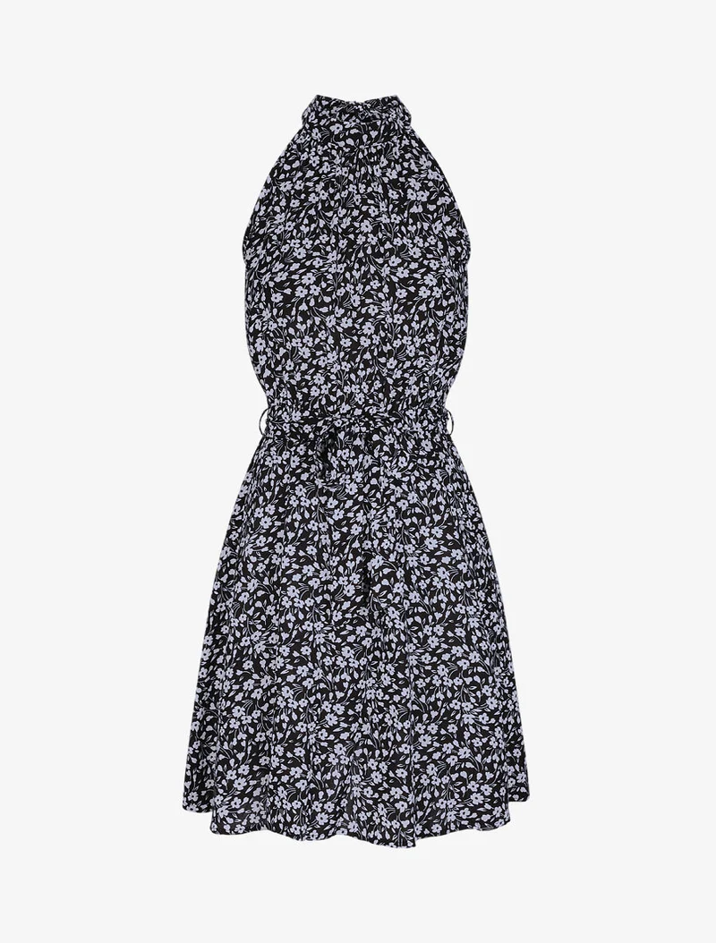Tailliertes Kleid mit kleinen Blumenmuster und amerikanischem Kragen - Schwarz