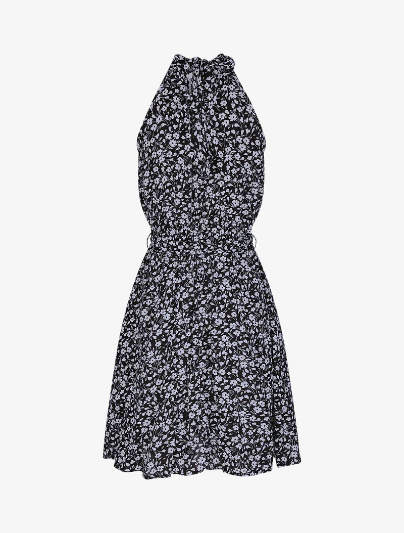 Tailliertes Kleid mit kleinen Blumenmuster und amerikanischem Kragen - Schwarz