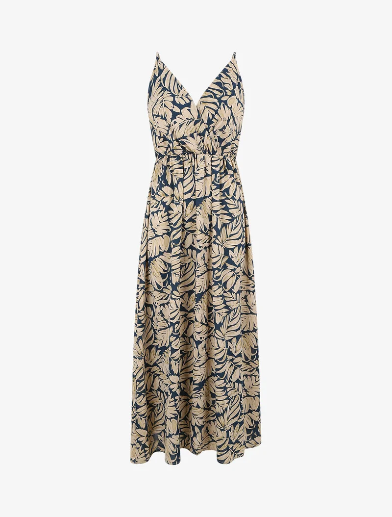 Empire-Langes Kleid mit Blätterdruck und Trägern - Blau