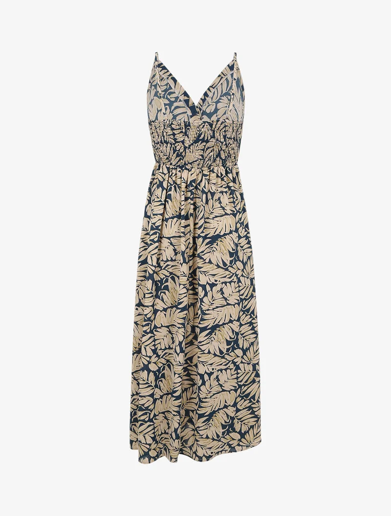 Empire-Langes Kleid mit Blätterdruck und Trägern - Blau