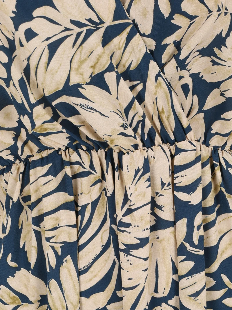 Empire-Langes Kleid mit Blätterdruck und Trägern - Blau