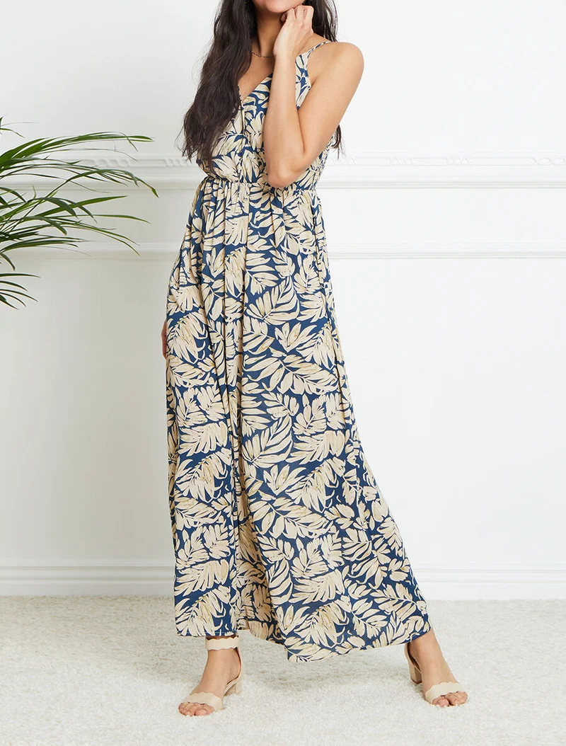 Empire-Langes Kleid mit Blätterdruck und Trägern - Blau