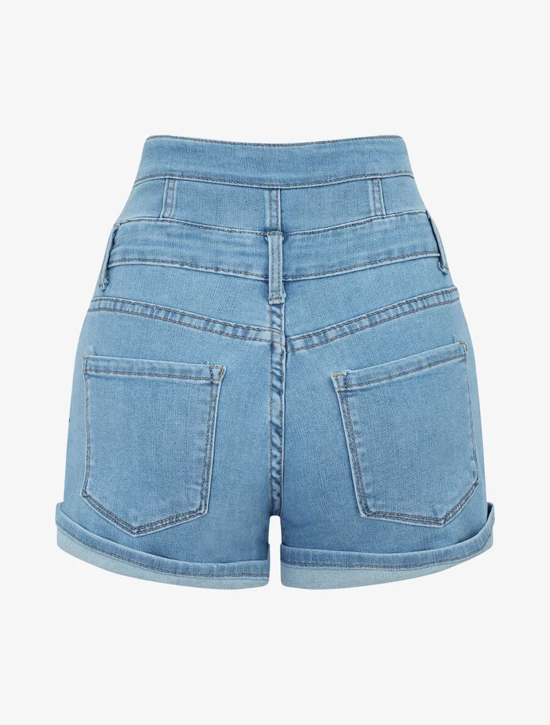 Jeansshorts mit stilisiertem Bund - Denim