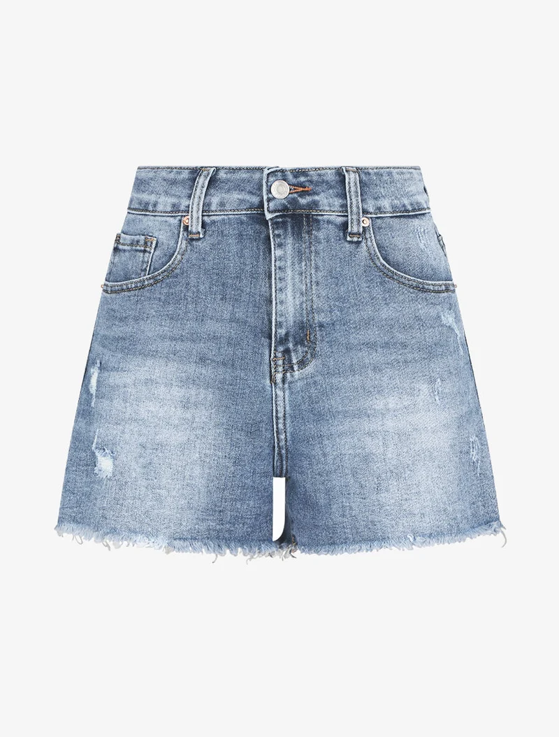 Ausgewaschene und zerrissene gerade Jeansshorts - Blau