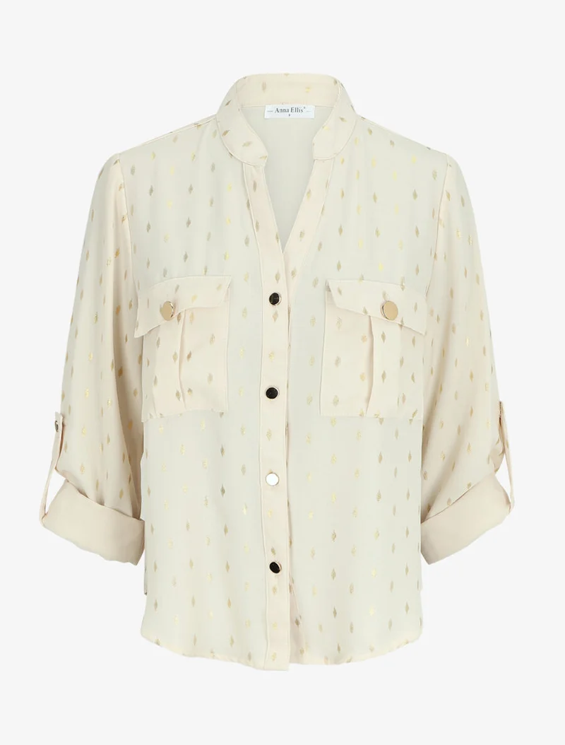 Gerades Hemd mit goldenem Flockprint - Beige