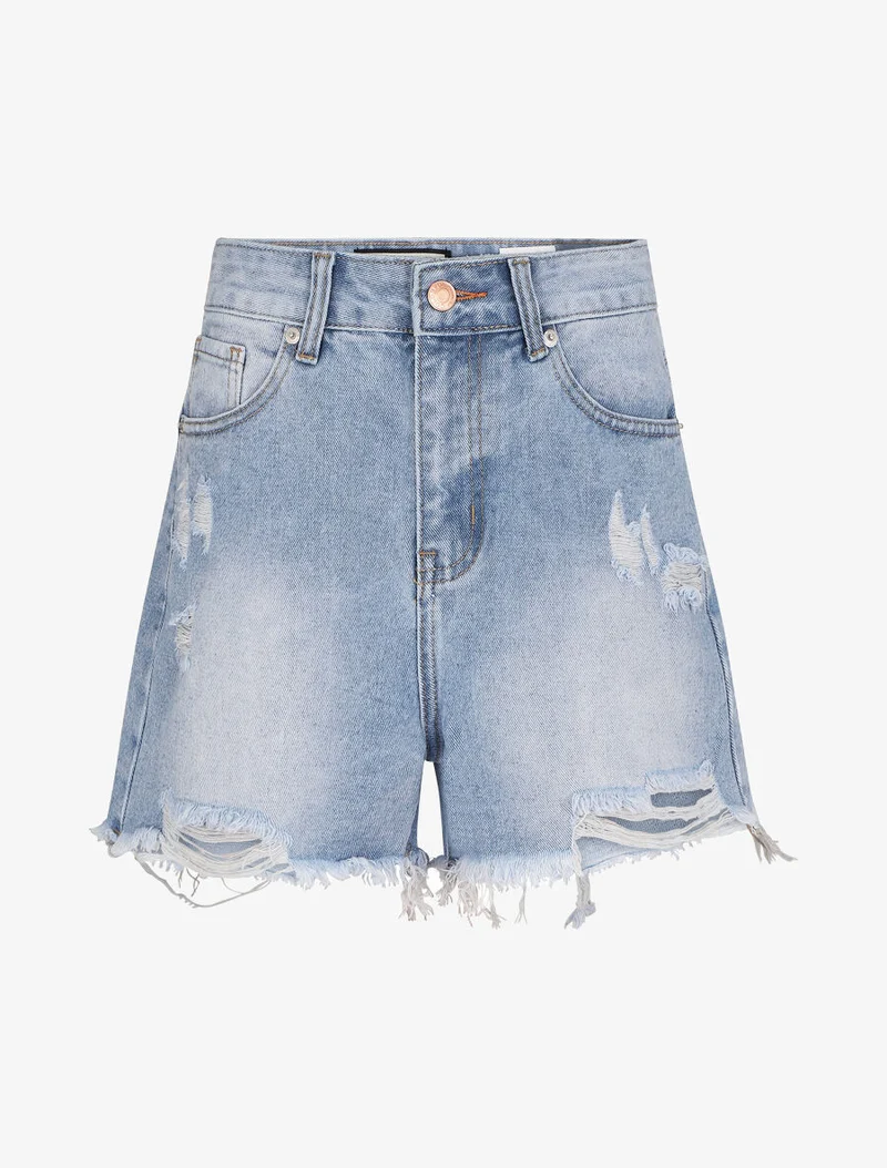Mini-Shorts mit geradem Schnitt, leicht zerrissen. - Hellblau