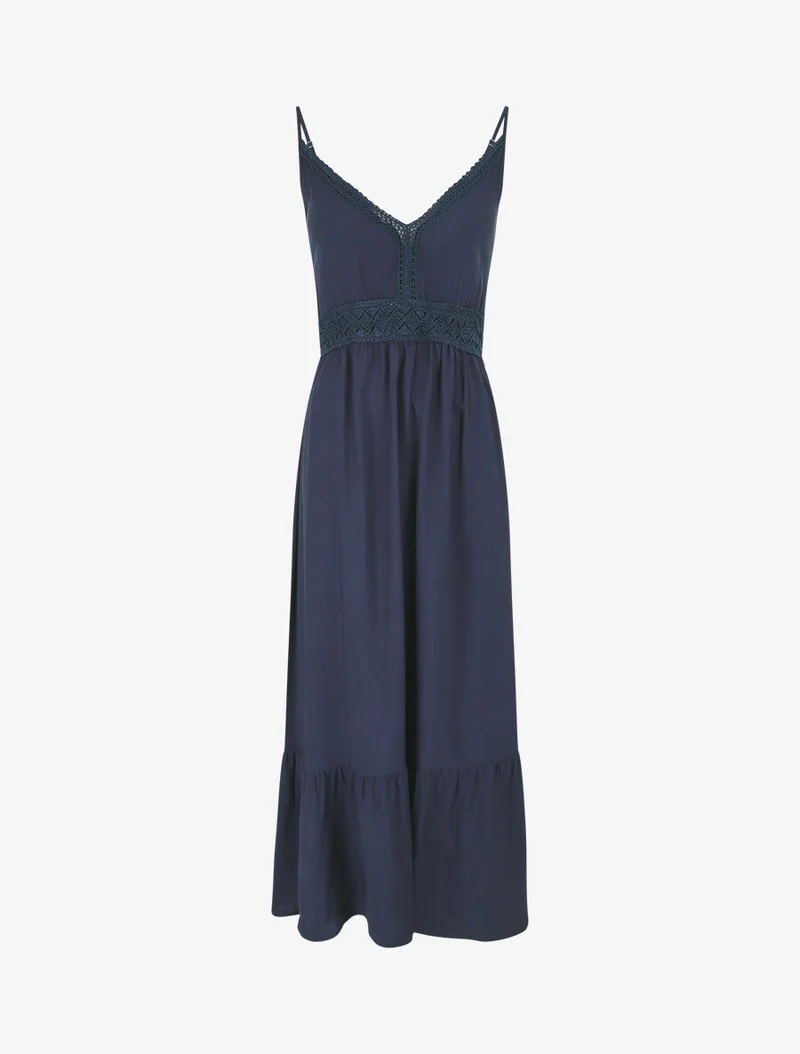 Langes einfarbiges Kleid mit dünnen Trägern. - Marine