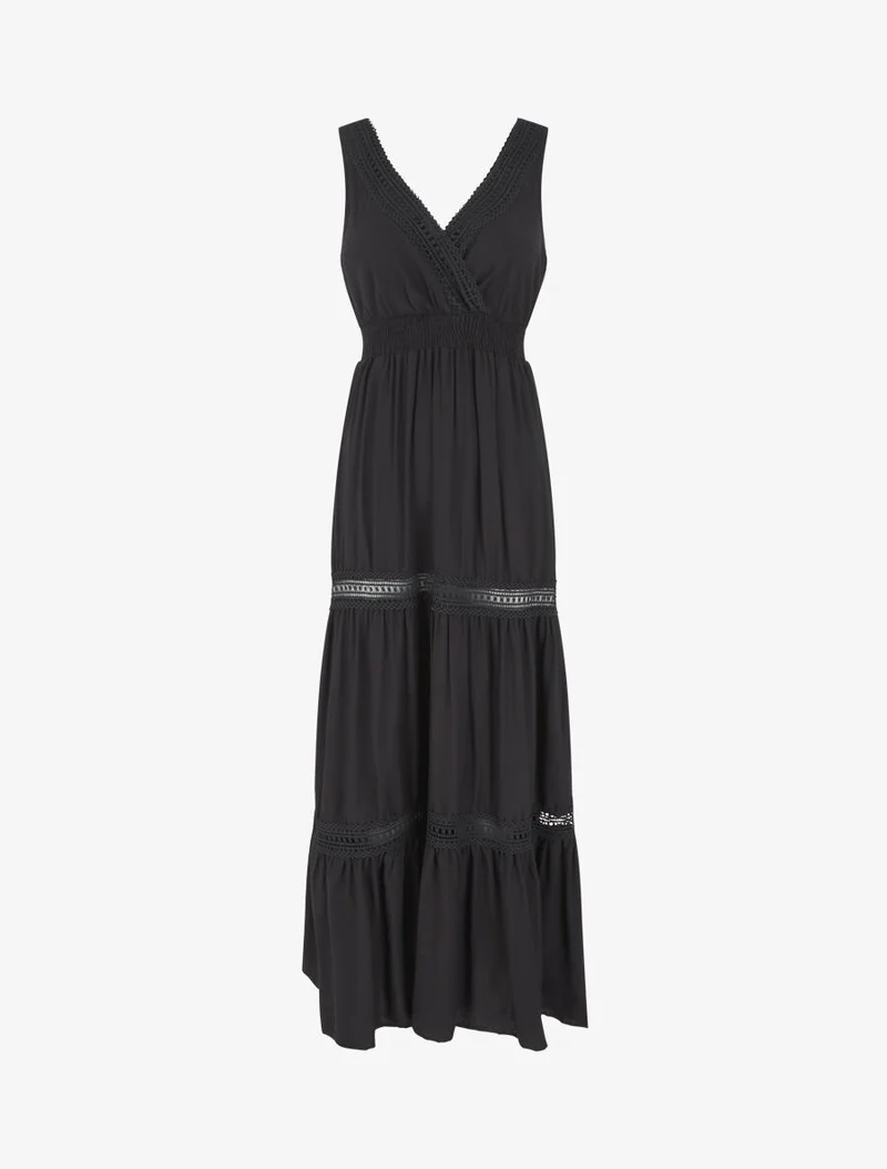Langes, einfarbiges, durchbrochenes Kleid - Schwarz