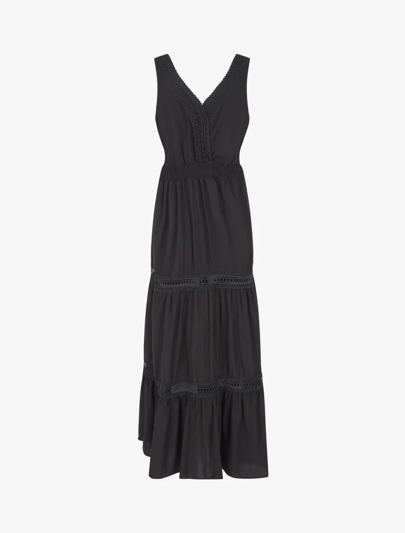 Langes, einfarbiges, durchbrochenes Kleid - Schwarz