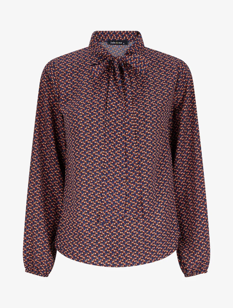 Bluse mit Lavallière-Kragen und grafischem Print - Marineblau