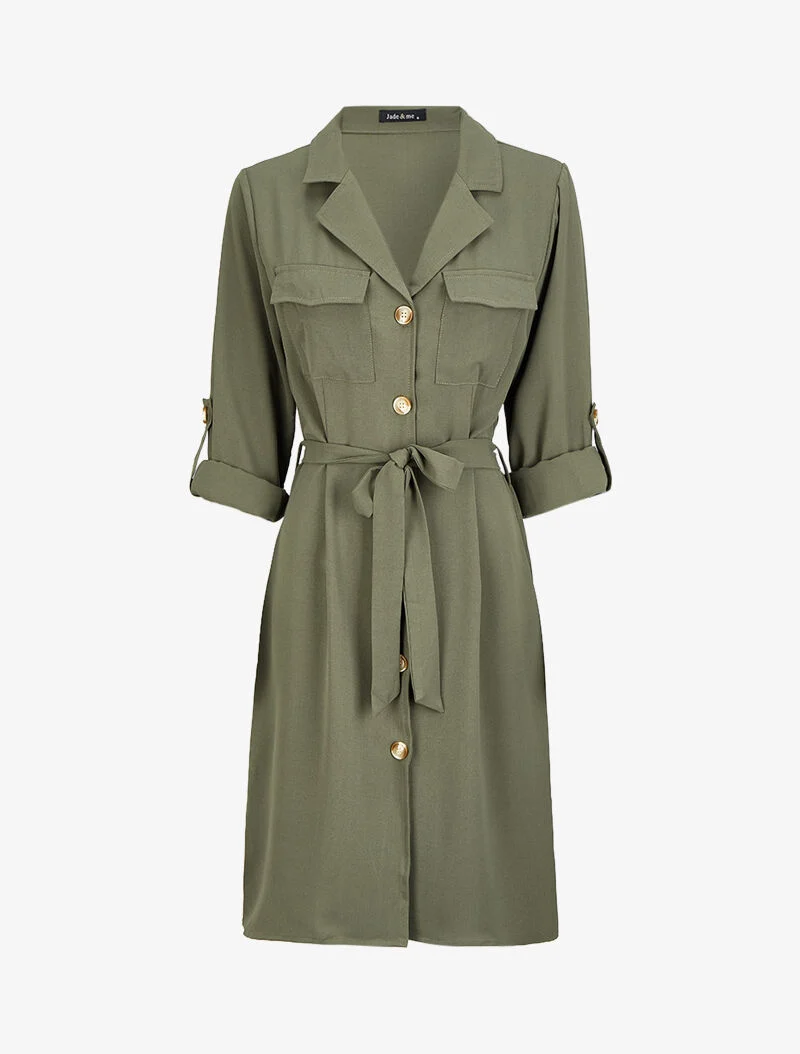 Knielanges Hemdkleid mit Klappentaschen - Olive