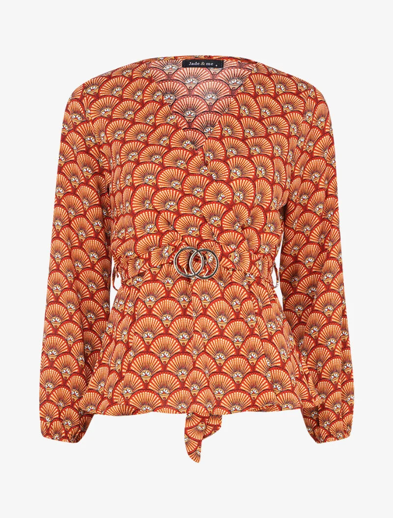 Top mit Fächerprint und Wickelausschnitt - Orange