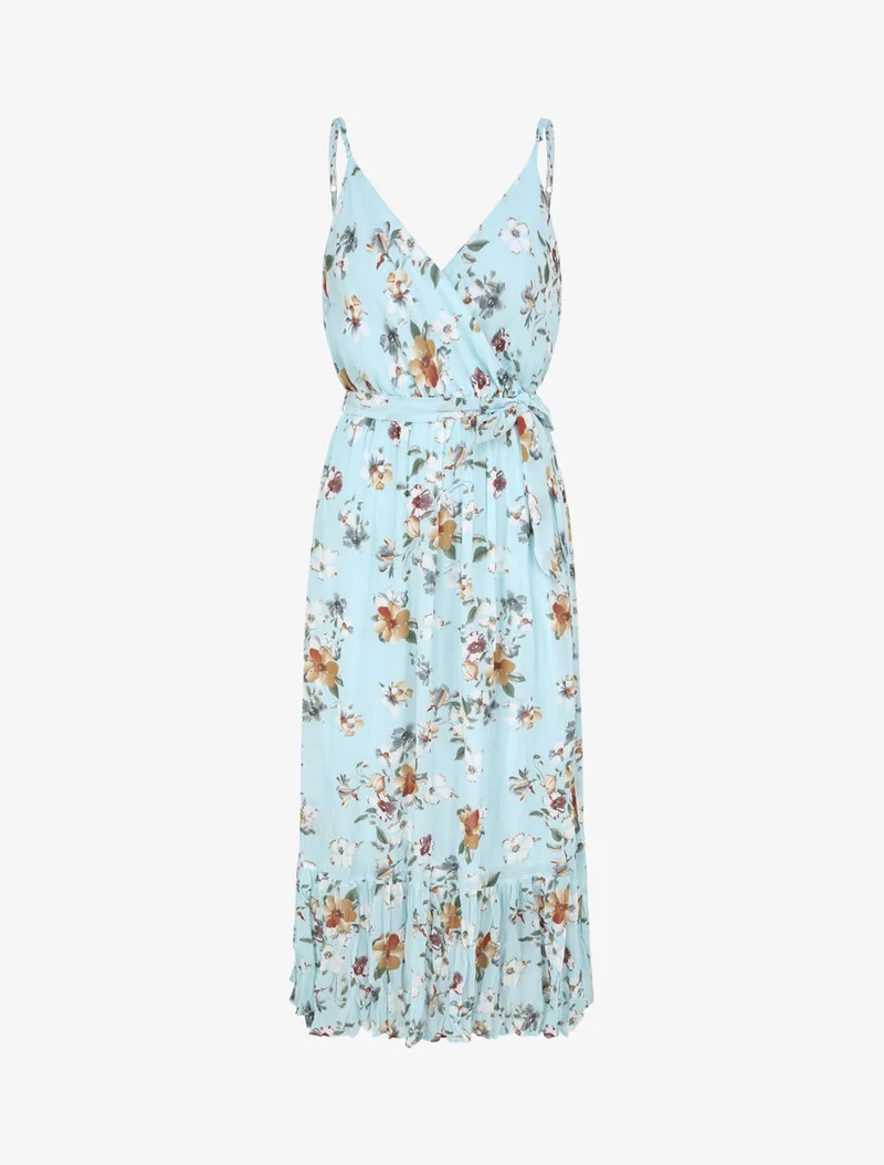 Langes tailliertes Kleid mit Blumenmuster - Türkis