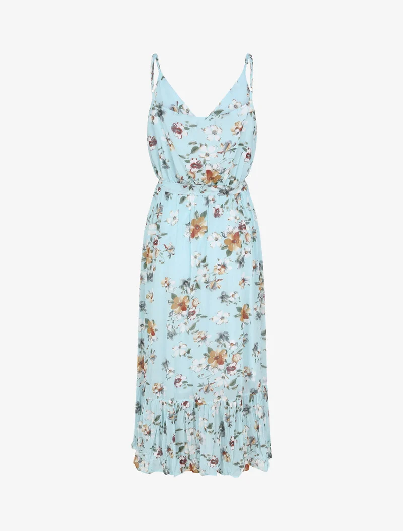 Langes tailliertes Kleid mit Blumenmuster - Türkis
