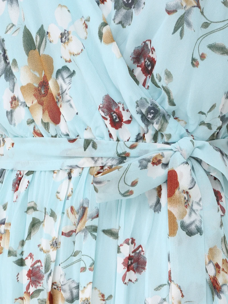 Langes tailliertes Kleid mit Blumenmuster - Türkis