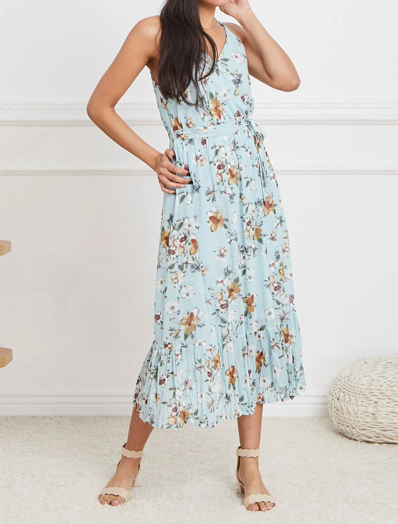 Langes tailliertes Kleid mit Blumenmuster - Türkis