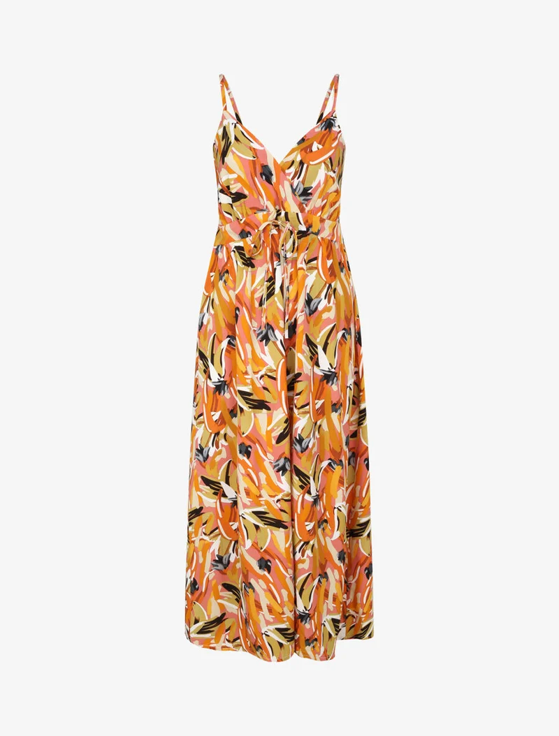 Langes, tailliertes Kleid mit großen Blumen bedruckt - Rose