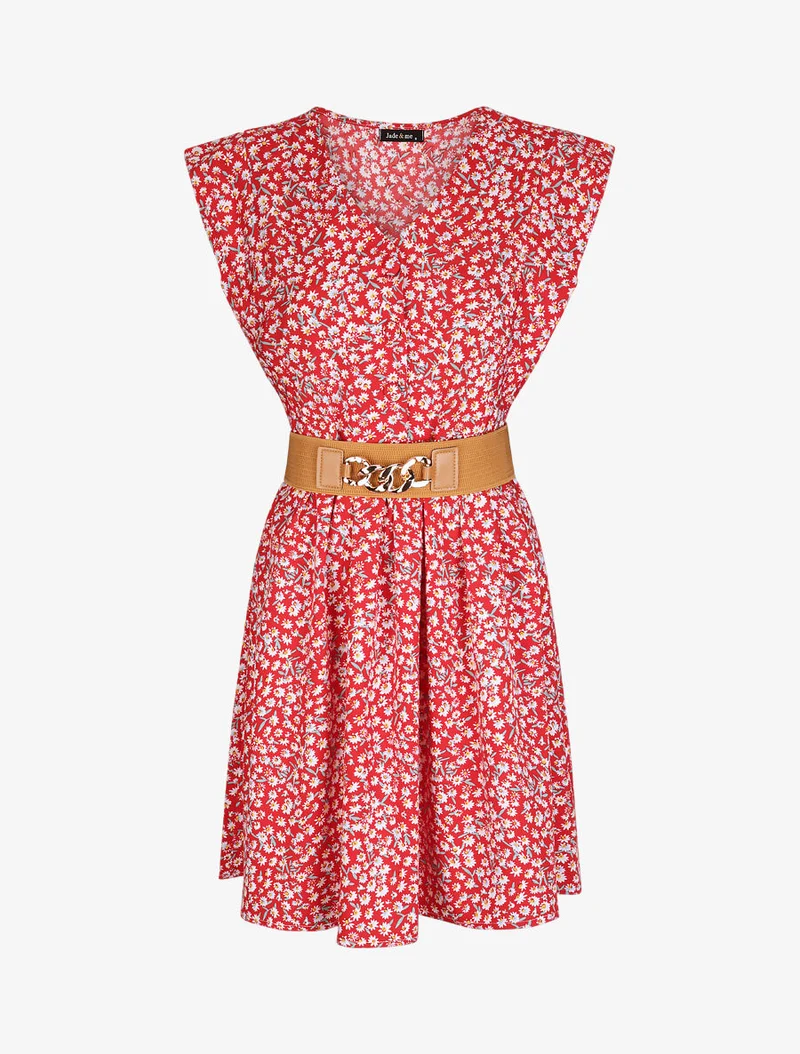 Knopfbesetztes V-Ausschnitt-Kleid - Rot
