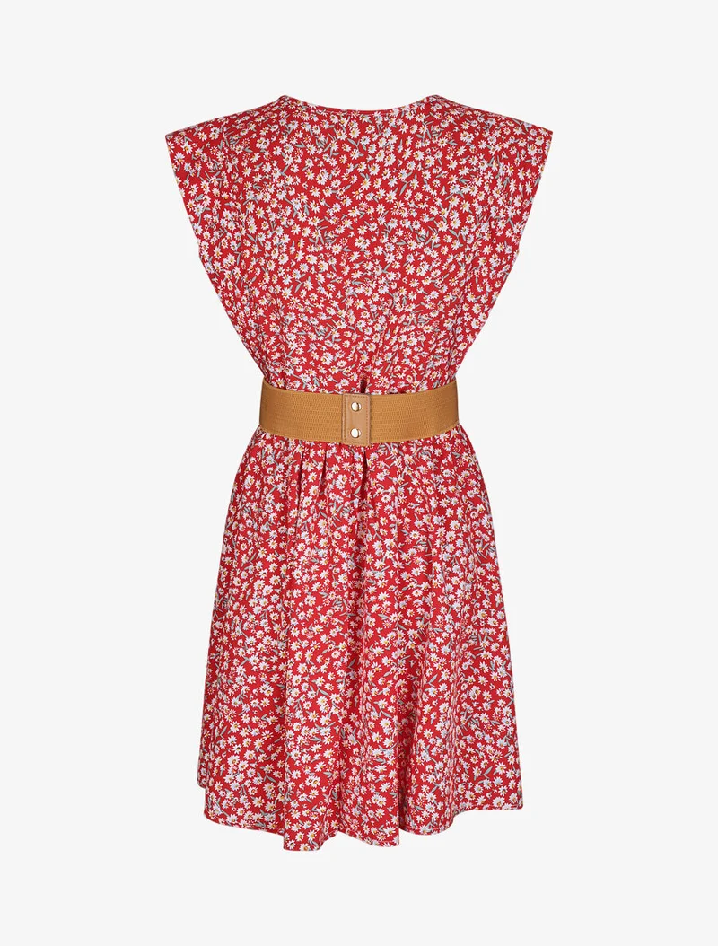 Knopfbesetztes V-Ausschnitt-Kleid - Rot