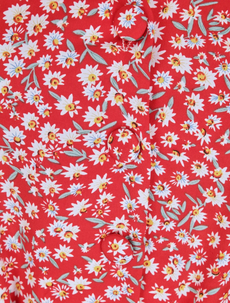 Knopfbesetztes V-Ausschnitt-Kleid - Rot
