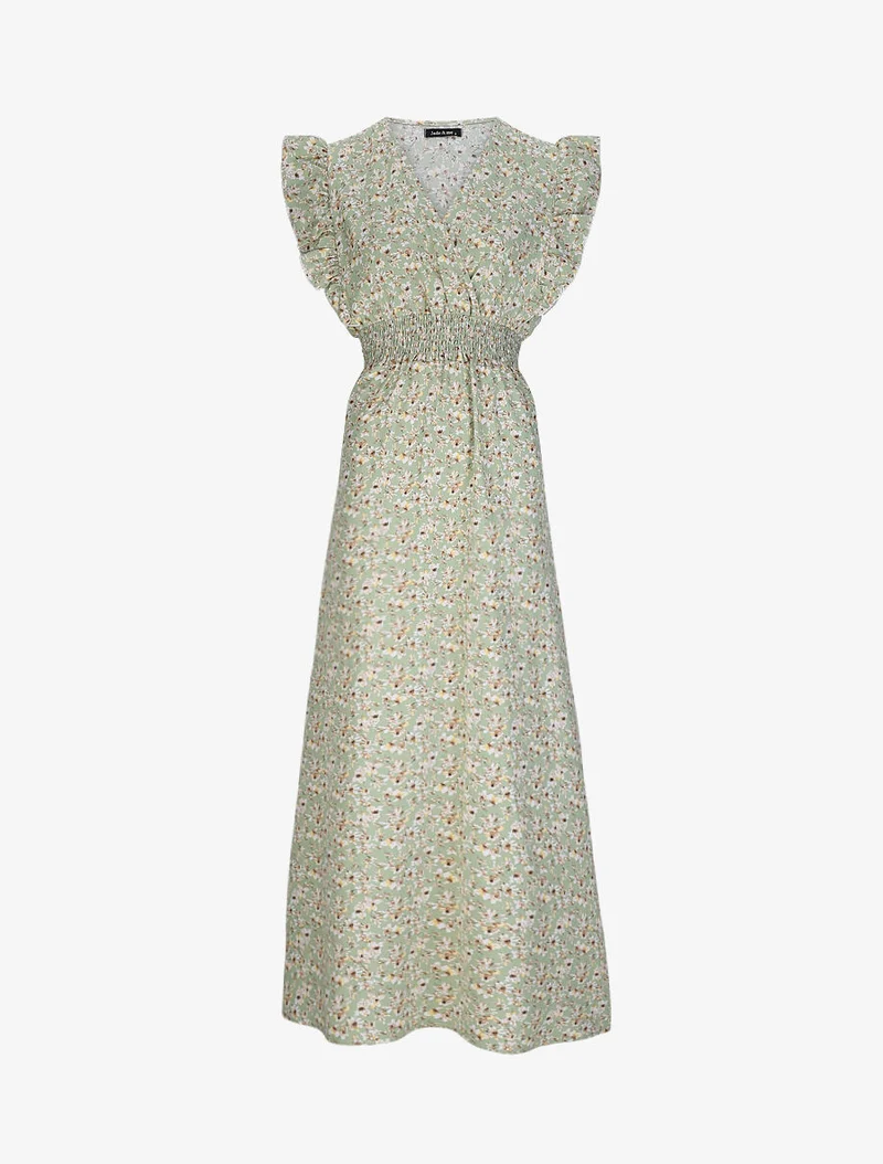 Langes Empire-Kleid mit Rüschenärmeln im Kirschblütenprint. - Grün