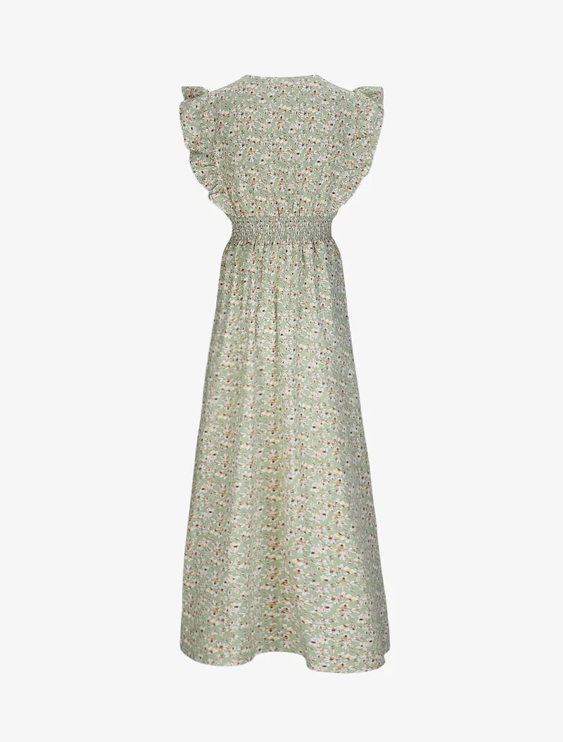 Langes Empire-Kleid mit Rüschenärmeln im Kirschblütenprint. - Grün