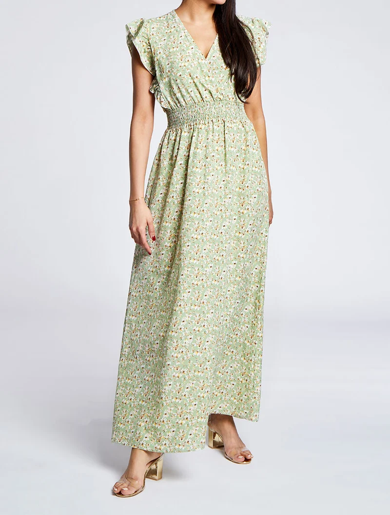 Langes Empire-Kleid mit Rüschenärmeln im Kirschblütenprint. - Grün