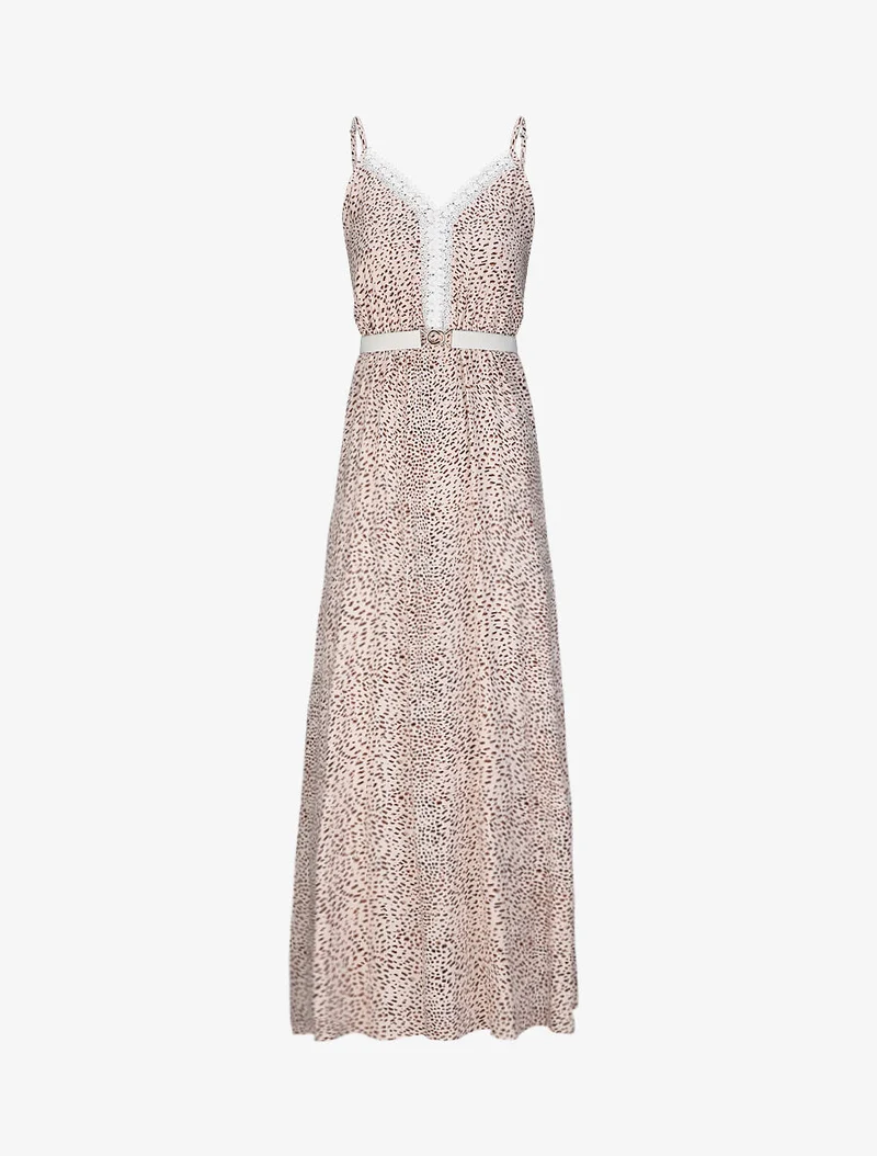 Langes Skaterkleid mit Spitzenkragen und gesprenkeltem Druck - Beige