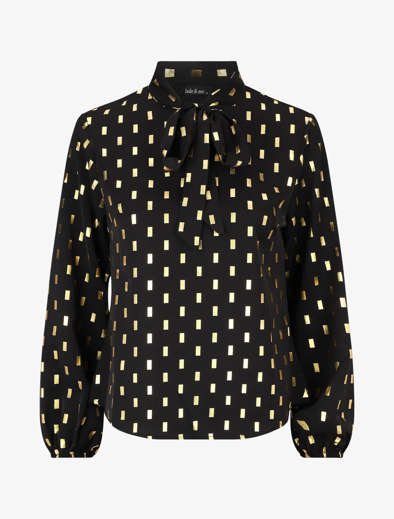Bluse mit Lavallière-Kragen und goldfarbenem Rechteckmuster - Schwarz