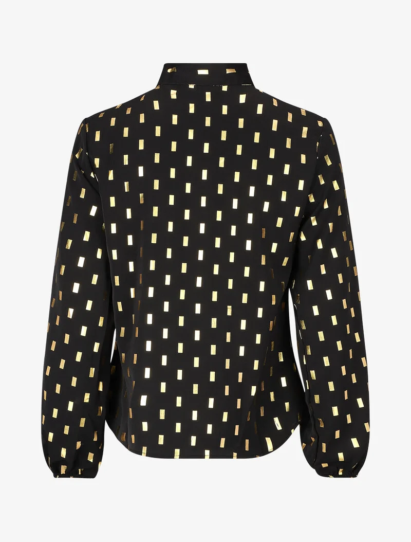 Bluse mit Lavallière-Kragen und goldfarbenem Rechteckmuster - Schwarz