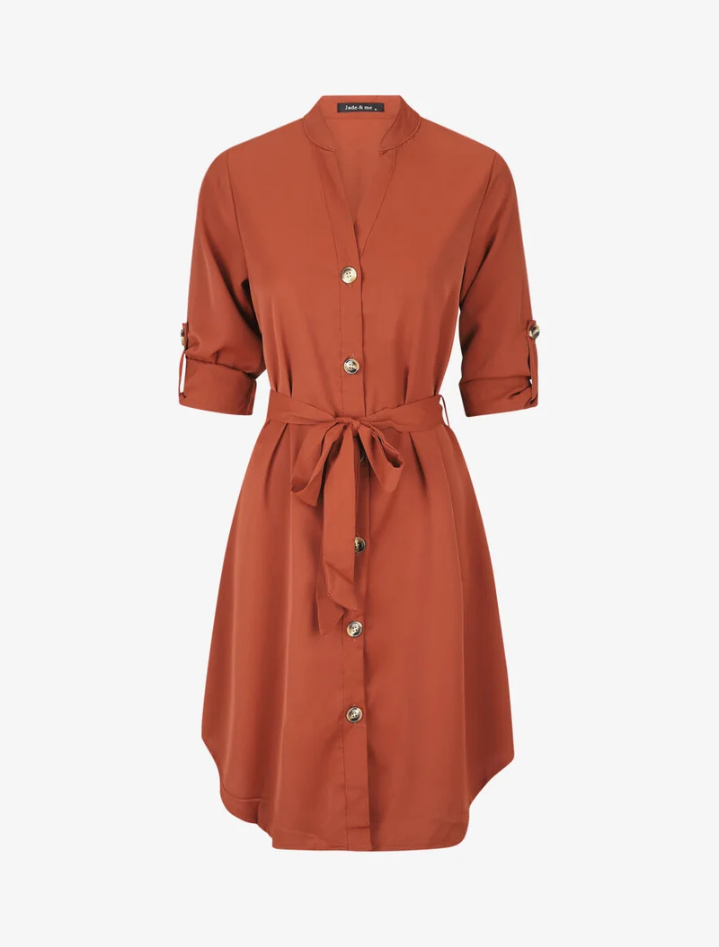 Hemdblusenkleid mit langen Ärmeln und Knöpfen - Rost