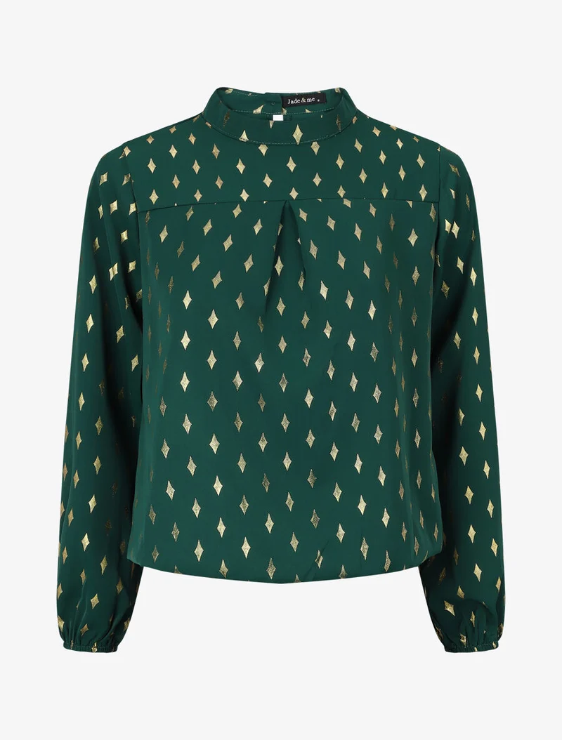 Bluse mit hohem Kragen und goldfarbenem Rautenmuster - Grün