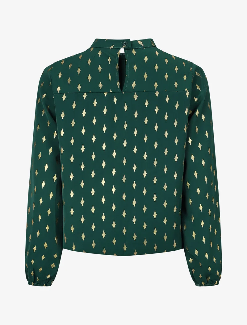 Bluse mit hohem Kragen und goldfarbenem Rautenmuster - Grün