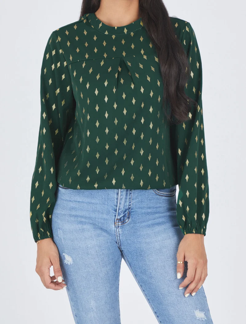 Bluse mit hohem Kragen und goldfarbenem Rautenmuster - Grün