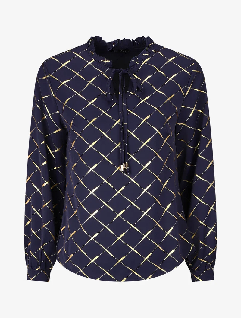 Bluse mit V-Ausschnitt und goldenen Prints - Marine