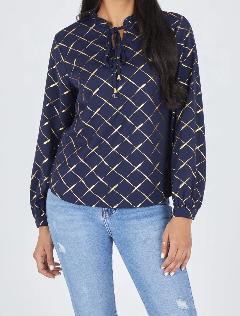 Bluse mit V-Ausschnitt und goldenen Prints - Marine