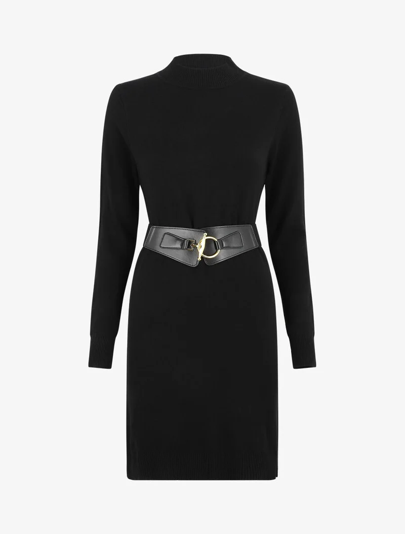Kurzes Strickkleid mit Stehkragen - Schwarz