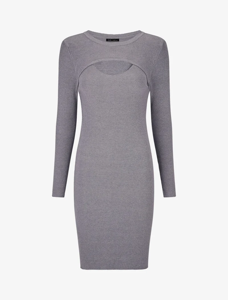 Geripptes Midikleid mit ausgeschnittenem Dekolleté - Grau