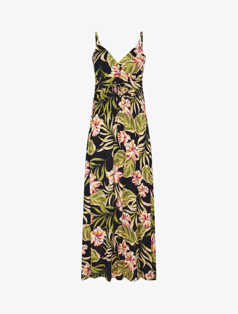 Langes Empire-Kleid mit Inselblumen-Print - Mitternachtsblau