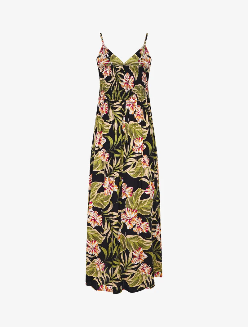 Langes Empire-Kleid mit Inselblumen-Print - Mitternachtsblau