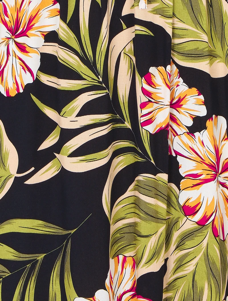 Langes Empire-Kleid mit Inselblumen-Print - Mitternachtsblau