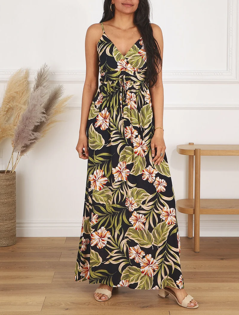 Langes Empire-Kleid mit Inselblumen-Print - Mitternachtsblau