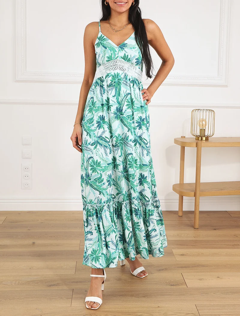 Kleid mit Schaldruck und Volant-Saum - Grün