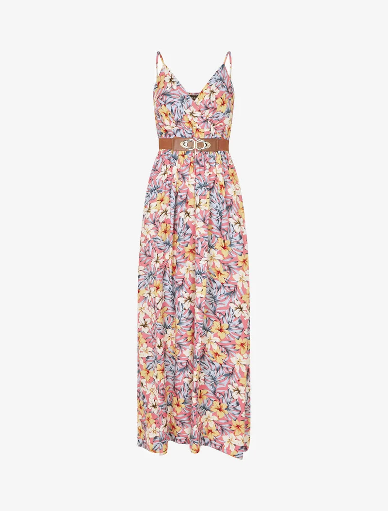 Langes Empire-Kleid mit Blumenmuster - Lachsrosa