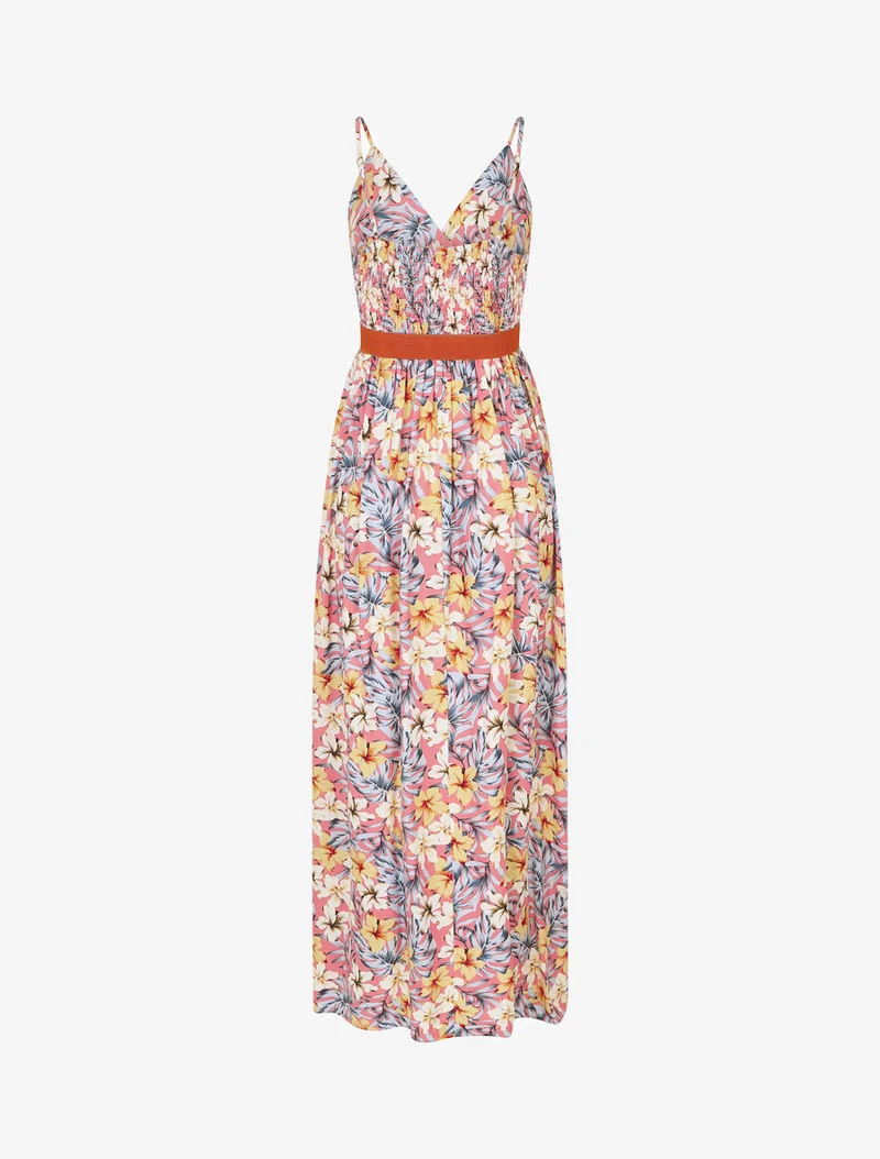 Langes Empire-Kleid mit Blumenmuster - Lachsrosa