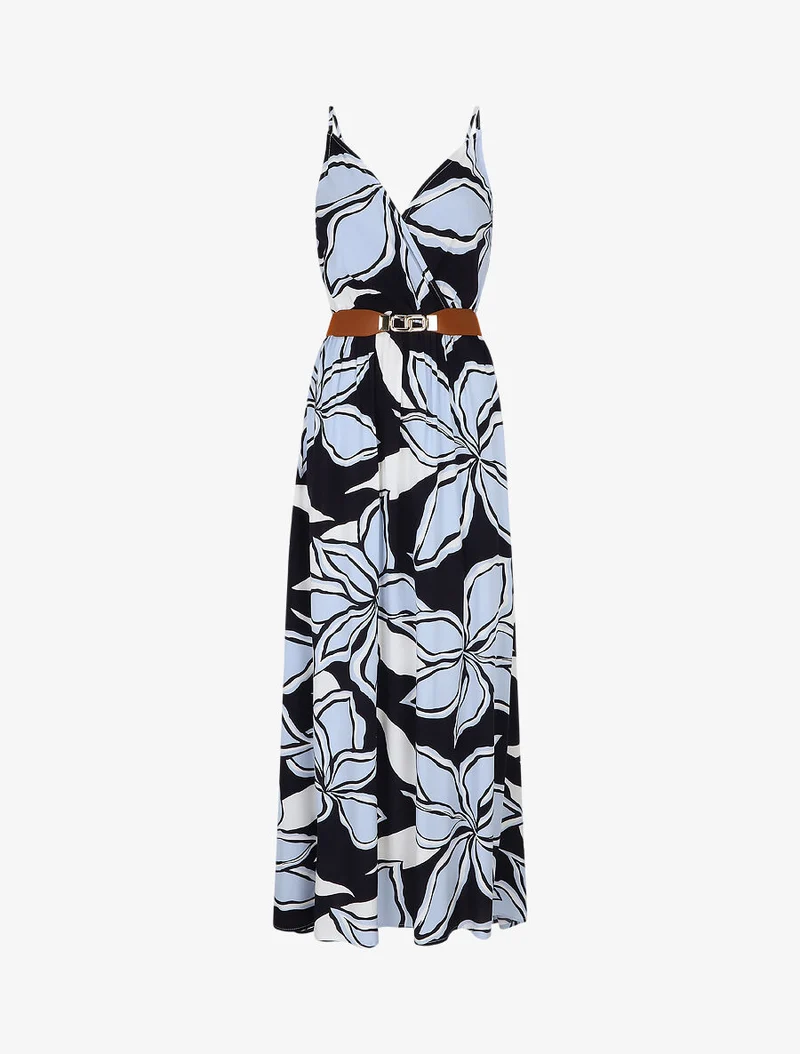Langes Kleid mit großem Blumenmuster - Marine
