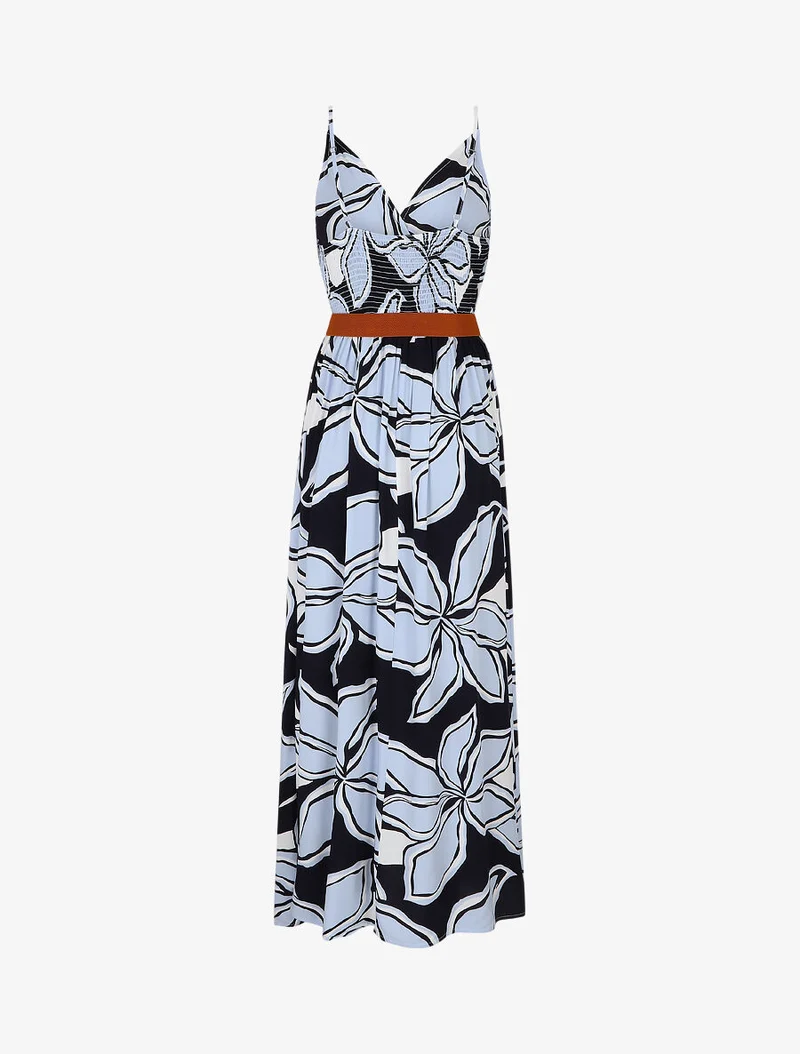 Langes Kleid mit großem Blumenmuster - Marine
